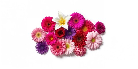 Pink, purple, and red flowers arranged on a plain white background suitable for decorative or editorial layouts