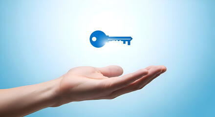 Open human hand gently presenting a glowing blue digital key floating against a bright gradient sky background symbolizing access and solutions