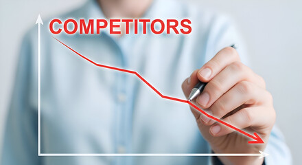 Business professional drawing a downward trending red line graph labeled competitors indicating market decline or reduced rivalry on a transparent surface