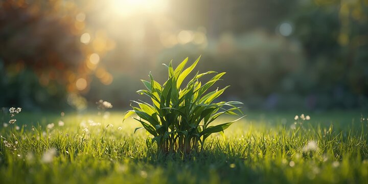 Young Cinnamomum tamala foliage thriving in a residential garden at dawn, highlighting plant health and early growth
