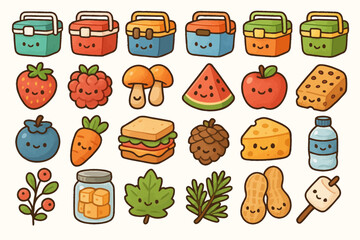 Cute cartoon picnic icons with happy faces featuring fruit, vegetables, and snacks