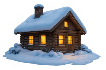 Cozy log cabin house glowing at night in winter, covered with fresh snow, warm rustic dwelling architecture
