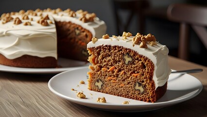 A delicious slice of homemade carrot cake with cream cheese frosting and walnuts on a white plate, with the full cake in the background.