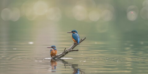 European Kingfisher pair, male and female, perched on a branch in Yorkshire, natural avian behaviors