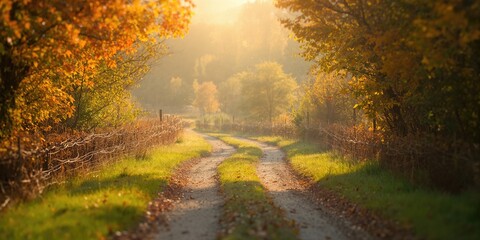 Obraz premium Sunlit farm path surrounded by fall foliage with a blurred background, suitable for editorial headers during autumn