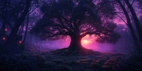 Obraz premium Fairy tale dark woodland scene with neon sunset light filtering through dense trees, atmospheric landscape