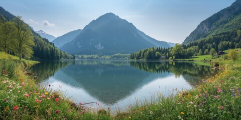 Idyllic spring scene of a mountain lake with alpine backdrop and wildflowers, seasonal landscape change