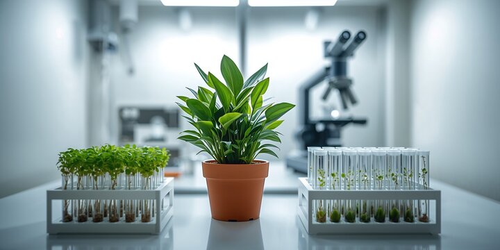 Indoor houseplant of orange in a pot with microplants in test tubes, plant propagation techniques