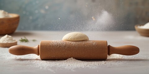 Unbaked bread mixture and rolling pin in a bakery setting, focusing on dough handling techniques