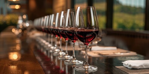 Fototapeta premium Glasses of red wine on a table, wine tasting as a leisure activity