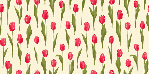 Colorful Seamless Banner With Red Tulips On A Beige Background. Abstract Design of spring flowers for postcards, posters, banners, textiles, gift paper