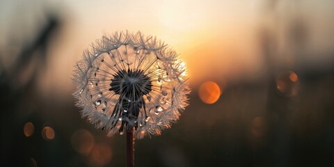 Close-up of a water-dropped dandelion seed with a sunset background, delicate textures and natural beauty