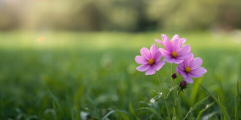 Obraz premium Cosmos Bipinnatus flowers in full bloom in a garden setting, serving as a nature-themed backdrop for layout