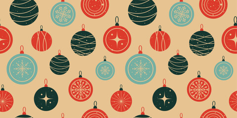 Horizontal Seamless Pattern With Christmas Balls. Flat design of Christmas toys in retro colors for postcards, textiles, prints, backgrounds for greetings. Vector