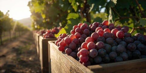 Fototapeta premium Harvested Pinot Noir grapes stored in boxes for wine production, focusing on quality control and handling practices