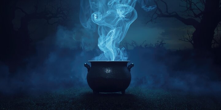 Cauldron emitting enchanted vapors, designed for magical ceremonies, Samhain