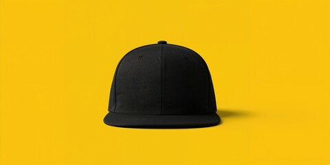 Front view of a black snapback cap placed on a yellow background, ideal for customization and branding projects