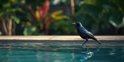 Fototapeta premium Black grackle resting near a poolside, illustrating wildlife in urban settings