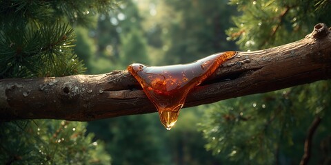 Fototapeta premium Flowing amber resin from a felled branch, highlighting plant secretion processes for scientific study