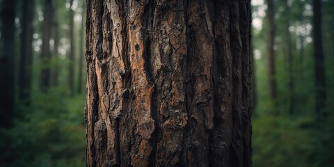 Obraz premium Detailed view of a pine tree trunk showing resin tapping scars amidst a forest backdrop, used for natural texture backgrounds