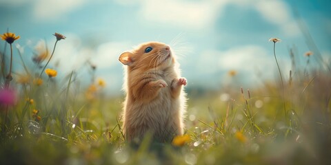 Hamster pauses in a meadow to look upward, rural Ontario, wildlife curiosity, natural setting