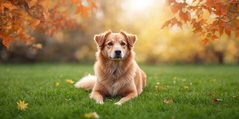 Ginger dog resting on a wooden floor, relaxed posture and natural light, suitable for pet lifestyle background