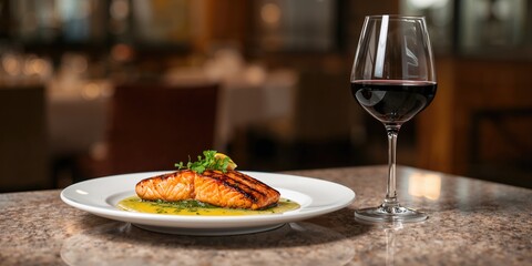 Grilled salmon fillet topped with herbs and sauce, suitable for a fresh seafood dish presentation