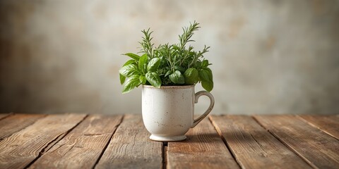 Fresh herbs from garden on an old table used as a rustic kitchen background, food preparation setting, Earth Day
