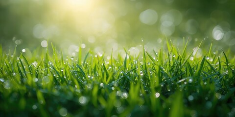 Naklejka premium Abstract background of green grass with dew drops, suitable for text layout or editorial use