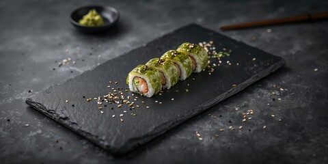 Asian rice sushi with healthy seafood and fresh rolls on black slate, ideal for menu backgrounds or food presentation layouts