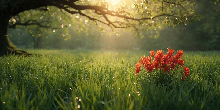 Common sheep sorrel with vibrant red leaves growing in dense green grass, ideal for botanical studies or natural settings