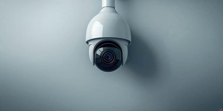 Security surveillance camera installed on a plain gray surface, used for monitoring and safety