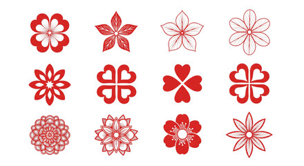 Red Floral Icons Set Vector Collection for Love Wedding Valentine Holiday Design Elements