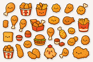 Cute cartoon fried chicken and fast food characters with happy faces