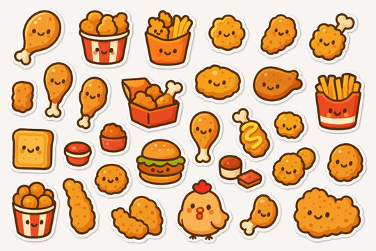 Cute cartoon fried chicken and fast food characters with happy faces