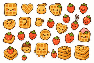 Cute kawaii breakfast pattern with smiling waffles and strawberries