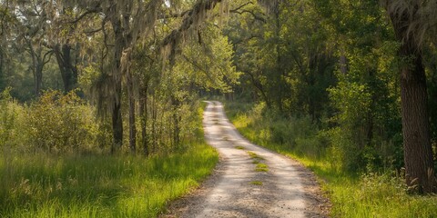 Fototapeta premium Dirt road surrounded by trees at Princess Place Preserve in Palm Coast, Florida, highlighting natural preservation efforts