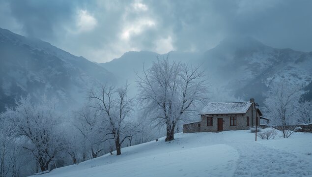 Snowy scene of Kamalleh village in Hawraman Takht featuring white rooftops and landscape, highlighting winter preservation