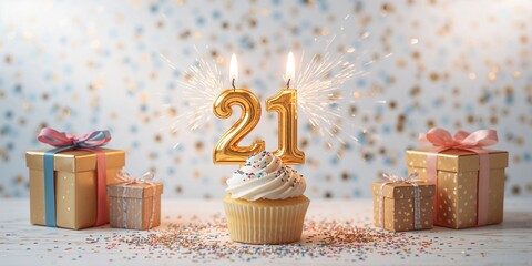 Birthday card with 21 candles and decorative gift boxes, celebratory display for milestone event, World Gratitude Day