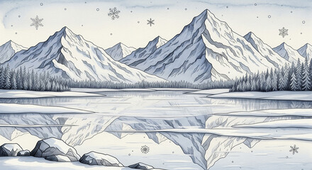 Mountains and Lake in Winter Landscape 3D Wallpaper for cover, mural wall art, invitation, poster, canvas print, wall decor painting design