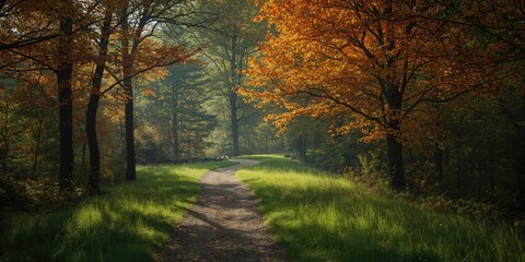 Obraz premium Landscape of a lone trail through a deciduous forest with autumn foliage and vibrant greenery