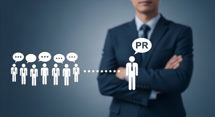 Public relations concept showing a professional in a suit managing communication flow from a group of people represented by icons against a dark blue background