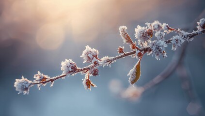 Frozen Rosehip branch with ice crystals and blurred background, highlighting seasonal natural preservation