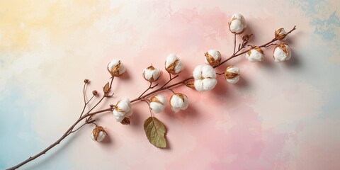Fototapeta premium Top view of cotton branch with green leaf on vibrant table surface, suited for editorial header background