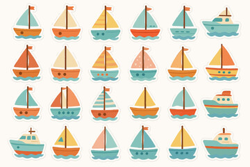 Colorful cartoon sailboats and ships stickers in various designs