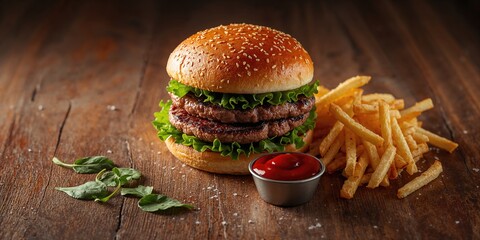 Double cheeseburger with side of fries and ketchup, served on rustic wooden surface, highlighting casual dining