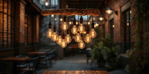 Rough wooden beam supporting a candlestick with light bulbs in a loft-style outdoor cafe, highlighting DIY craftsmanship