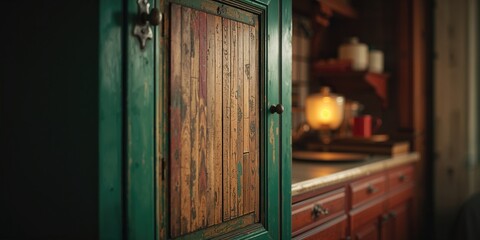 Obraz premium Detail of a retro-style green vintage kitchen cabinet featuring colorful textured doors, ideal for historical interior design themes