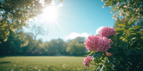 Park setting featuring a vivid blue sky backdrop and an array of pink flowers and green foliage, natural beauty and seasonal growth, Earth Day