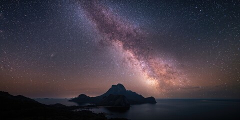 Obraz premium Night sky featuring the Milky Way galaxy and vibrant stars above an island mountain, ideal for nature and astronomy scenes